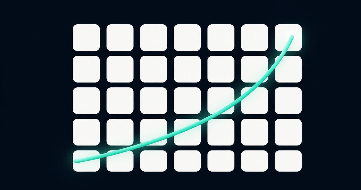 Abstract 30-cell calendar grid with a glowing teal retention curve rising across it on a deep navy background