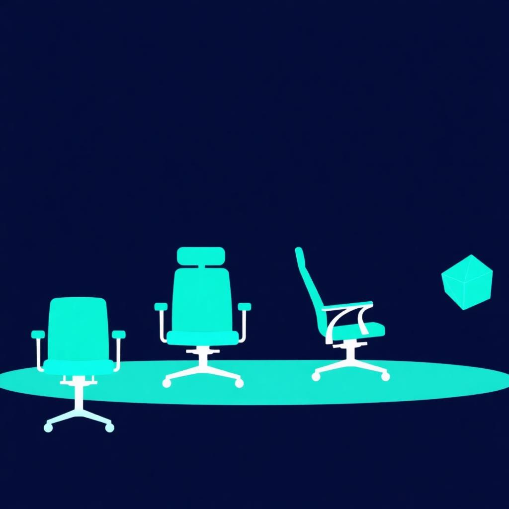 Row of empty teal office chairs on a deep navy background with a single glowing AI executive icon replacing them