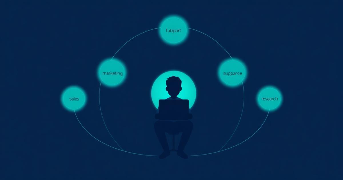 Solo founder at a laptop surrounded by glowing teal operational orbits for marketing, sales, support, finance, and research on a deep navy background