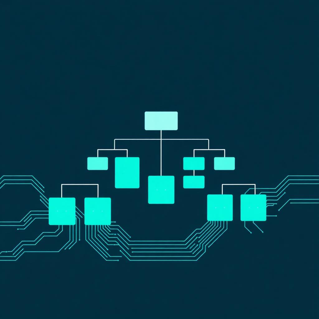 Abstract teal org chart nodes dissolving into circuit traces on a deep navy background, representing company roles becoming software
