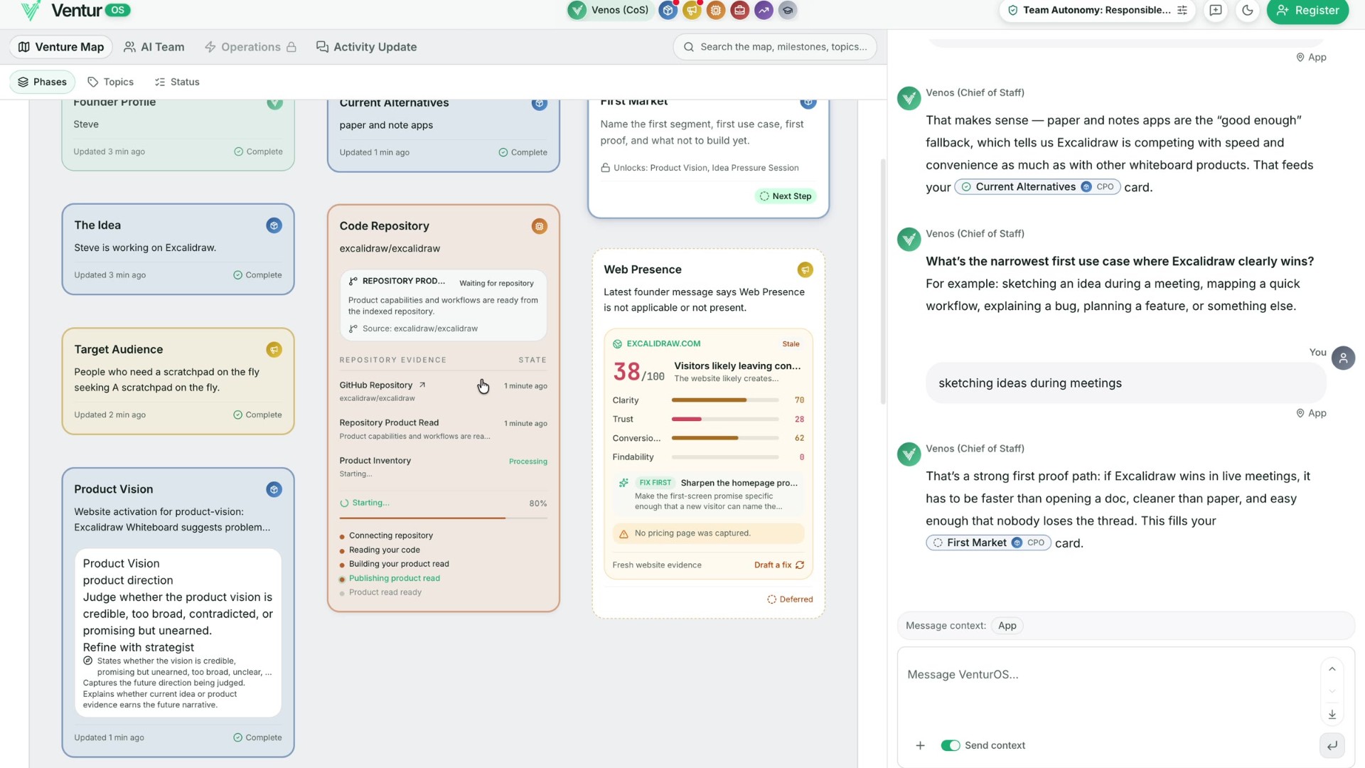 Venture Map board detail showing cards grounded in your context